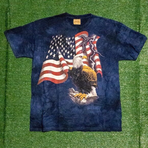 VINTAGE THE MOUNTAIN MENS T SHIRT BLUE MARBLE USA FLAG BALD EAGLE RETRO TEE XXL - Picture 1 of 6